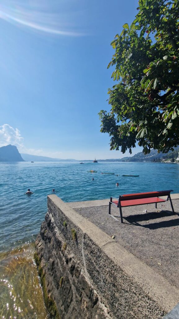 Bench by the lake with swimmers and mountains